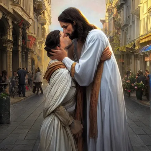 Image similar to jesus kissing a woman in a street, elegant, highly detailed, digital painting, artstation, concept art, matte, sharp focus, highly detailed, 4 k, hdr, smooth, sharp focus, high resolution, award - winning photo, photorealistic, art by artgerm and greg rutkowski and alphonse mucha, large shot