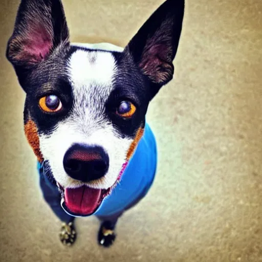 Prompt: Amy the Blue Heeler dog, making the stupidest meme face ever.