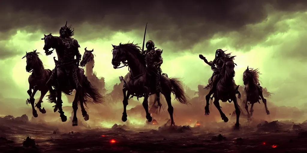 Image similar to ”four horsemen of the apocalypse riding skeleton horses towards the camera [epic, cinematic, scary, intimidating, horror, war, battle, hell, storm clouds, lightning, octane render, 8k, mattepainting, art by wlop and paul lehr and greg rutkowski]”