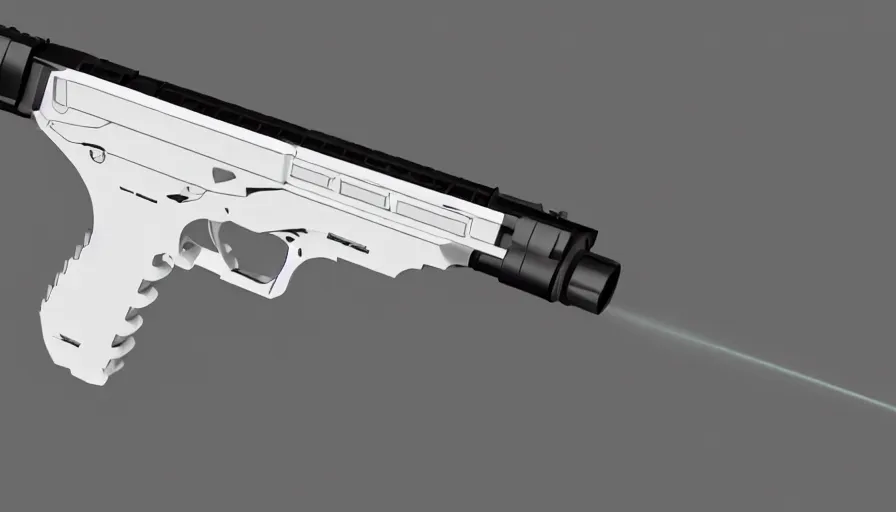 Image similar to extremely detailed ultra realistic side view of a sci fi hyper minimalist magnum pistol coilgun, detailed trigger, chemically propelled, battery, smooth streamline, battery and wires, railgun, chemrail, gauss, elegant sleek smooth body, white paint, smooth utopian design, ultra high quality, octane, cod, destiny, warframe, terminator
