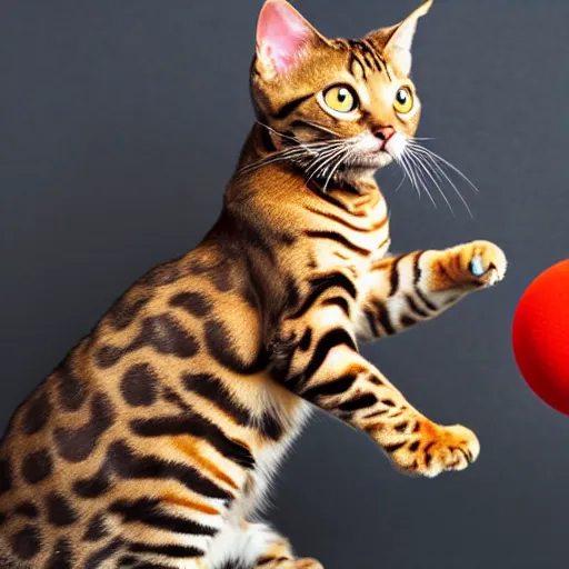 Prompt: Bengal cat playing with ball