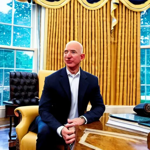 Prompt: jeff bezos as the president of the united states in the oval office