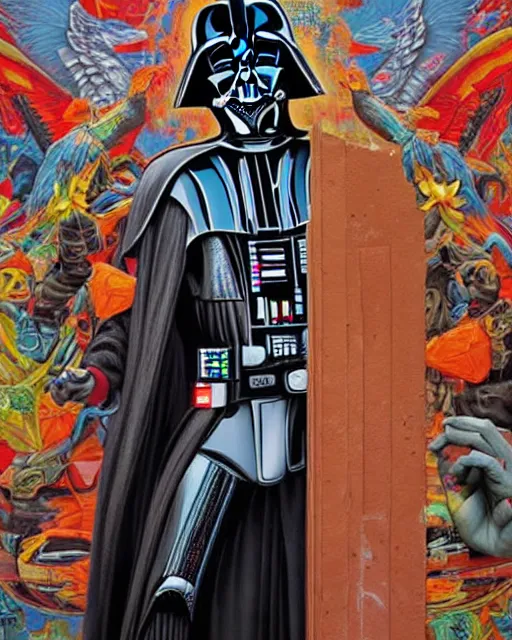 Prompt: Tristan Eaton, maximalism, darth vader, Hyper-realistic, Brom, highly detailed