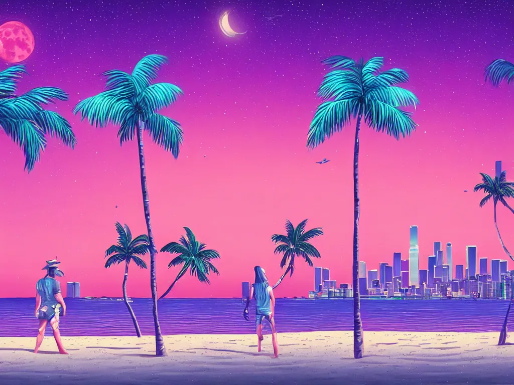 Prompt: cop on a summer night miami beach, city on the background, palm trees, footprints in the sand, full moon reflected in the calm ocean, starry sky, 8 k, ultra detailed, trending on artstation, digital painting, synthwave and retrowave style, pink color scheme