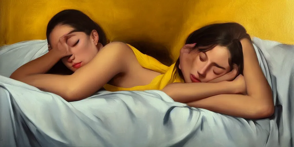 Image similar to beautiful oil matte portrait painting, young woman with closed eyes lying on a red bedsheet with blue pillows wearing a mustard yellow dress, detailed face, wonderful masterpiece, highly detailed, beautiful cinematic light, deep focus, elegant, digital painting, smooth, sharp focus, golden ratio, dramatic illumination, ultra realistic, 8 k, art by jimmy law and caravaggio