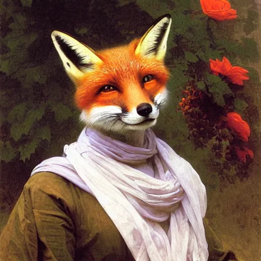 Image similar to A portrait of a fox in a scarf surrounded by flowers by William-Adolph Bouguereau, animal in a scarf, fox wearing a scarf