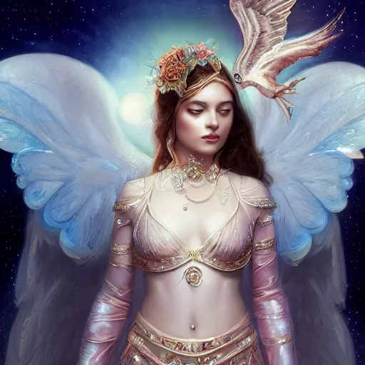 Image similar to A beautiful digital painting of a female angel full of jewels, princess, the moon behind her, intricate, cinematic lighting, highly detailed, digital painting, Artstation, concept art, smooth, sharp focus, illustration, art by Tom Bagshaw, Artgerm and Greg Rutkowski