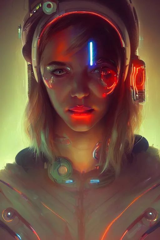 Image similar to portrait of a trippy cyborg girl with biotechnical parts and neon light by Artgerm and Greg Rutkowski , digital painting, highly detailed, trending on artstation