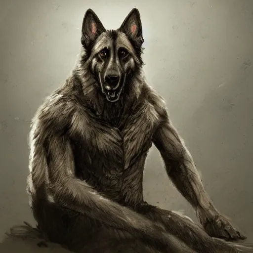 Image similar to a wounded humanoid german shepherd beast - man in military style, sitting on the carpeted floor beside a bed, highly detailed portrait, digital painting, artstation, concept art, smooth, sharp foccus ilustration, artstation