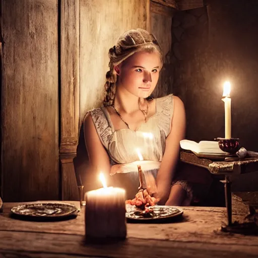 Image similar to young attractive beautiful scandinavian woman wearing 1 8 th century stay in a medieval tavern at night with candles, wow 4 k detail fantasy, matte painting, realistic materials, photo realistic, postprocessing, cinematic, hyperrealistic, studio lighting, ekaterina, the tudors, photography by richard jenkins