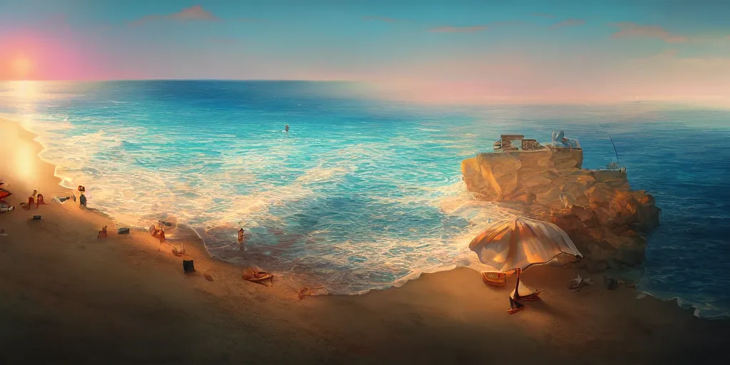 Image similar to a beach, cinematic angle, studio Ghibli, Wes Anderson, volumetric lighting, breathtaking, beautiful composition, elegant, digital art, detailed, oil painting, hyperrealistic, sharp focus, 8k