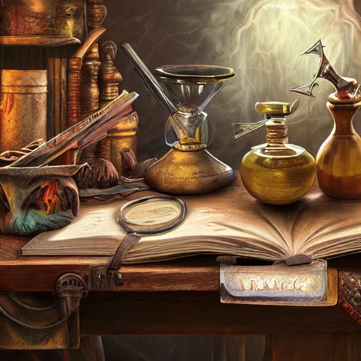 Image similar to hyper real, table, magic book, wizards laboratory, tony sart, mortar, pestle, scales, energy flowing, ancient brown map, beakers of colored liquid