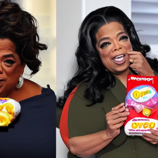 Prompt: obese oprah winfrey eating kinder surprise