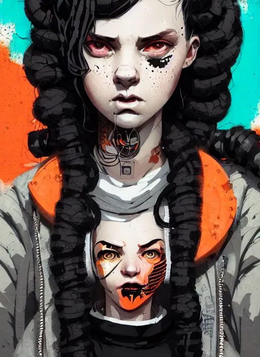 Image similar to highly detailed portrait of a sewer punk lady, tartan hoody, ringlet hair by atey ghailan, by greg rutkowski, by greg tocchini, by james gilleard, by joe fenton, by kaethe butcher, gradient orange, black, cream and white color scheme, grunge aesthetic!!! ( ( graffiti tag wall background ) )