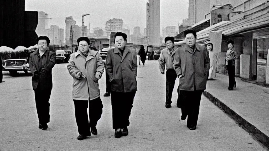 Image similar to kim jong - il walking in 1 9 6 0 s pyongyang, film noir thriller in the style of orson welles and andrei tarkovski