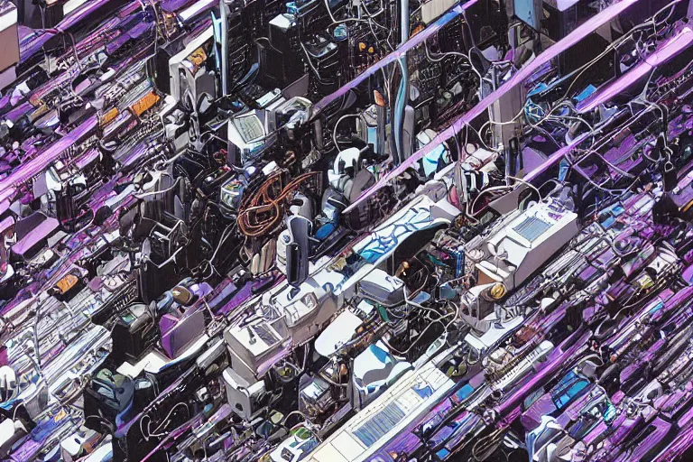 Prompt: an extremely beautiful cyberpunk illustration of parts of female androids' bodies lying scattered across an empty white background with cables and wires coming out, by katsuhiro otomo and masamune shirow, hyper-detailed, colorful, bird view