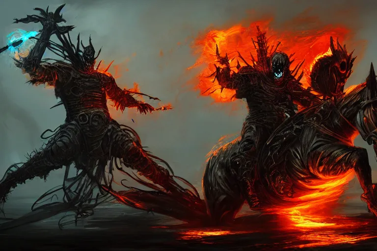 Image similar to Ghost Rider, flaming grim reaper, upper body, dark souls concept art, Feng Zhu concept art, dramatic lighting, highly stylized, trending on artstation, high-quality wallpaper, desktopography