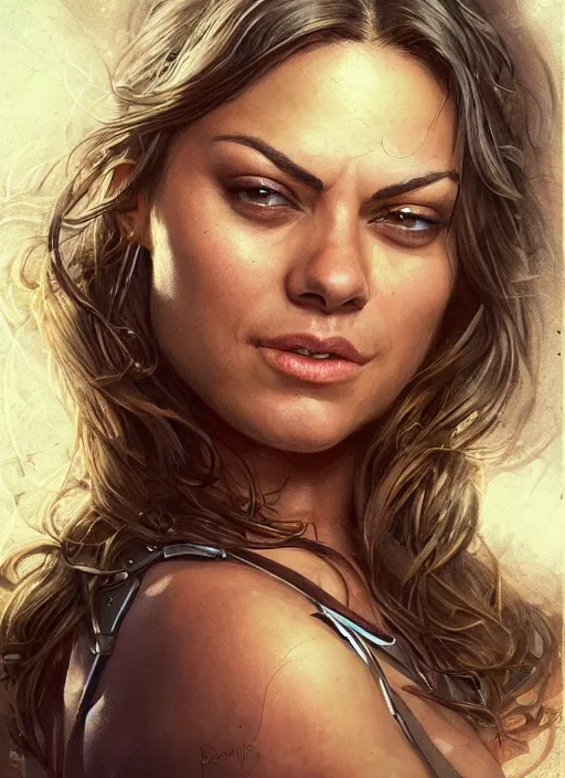 Image similar to muscled Mila Kunis grinning as a ruggedly handsome heroine, intricate, elegant, highly detailed, centered, artstation, concept art, smooth, sharp focus, illustration, bokeh art by artgerm and donato giancola and Joseph Christian Leyendecker, WLOP