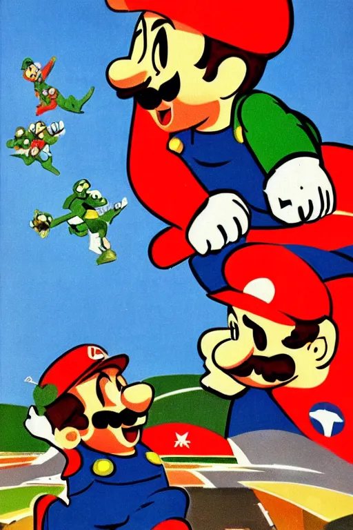 Prompt: a soviet propaganda poster with mario and luigi looking at the horizon, 1 9 5 2, futurism