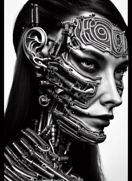 Image similar to a stunning young female cyborg profile face, face is made intricate tribal bio - mechanical, editorial photography, bw, shot on 7 0 mm, depth of field, f / 2. 8, high contrast, 1 6 k, rays of shimmering light, volumetric lighting, shiny, insanely detailed and intricate, hypermaximalist, elegant, ornate, hyper realistic, super detailed