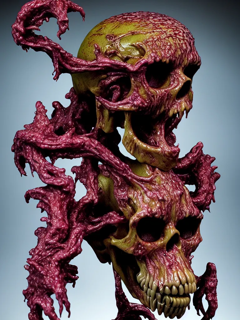 Prompt: hyperrealistic subsurface scattering rendering, fat smooth wet cronenberg flesh monster smooth skull and ribcages kaiju by art of skinner and richard corben and jeff easley, product photography, action figure, sofubi, studio lighting, colored gels