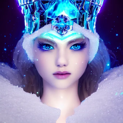 Image similar to ice goddess with beautiful face with a glowing blue crystal on her forehead, full body, frosty white eyes, winter mist around her, white plated armor, pale skin, white smoke, octane render, frostbite, 8 k, cinematic, 3 5 mm, aspect ratio