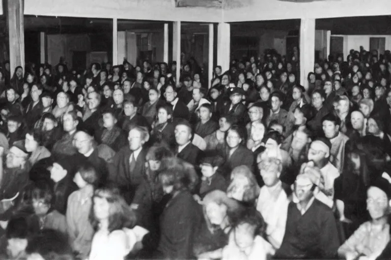 Image similar to photograph of a room of people staring at a live demon