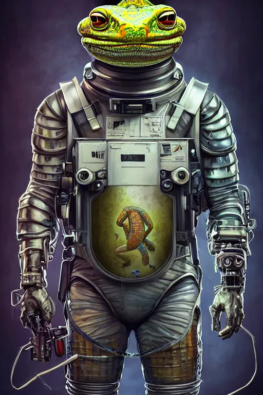 Prompt: a portrait of a muscular anthropomorphic cyberpunk gecko lizard with big head in spacesuit armor with ensignia on chest plate by sandra chevrier, by jon foster, detailed render, pistol in holster, tape deck, epic composition, cybernetics, 4 k realistic, cryengine, realistic shaded lighting, sharp focus, masterpiece, by enki bilal