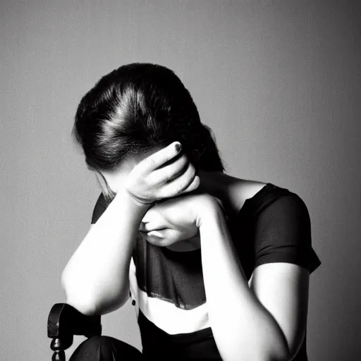 Prompt: black and white photograph of a woman sitting on a chair looking thoughtful, detailed, n 3