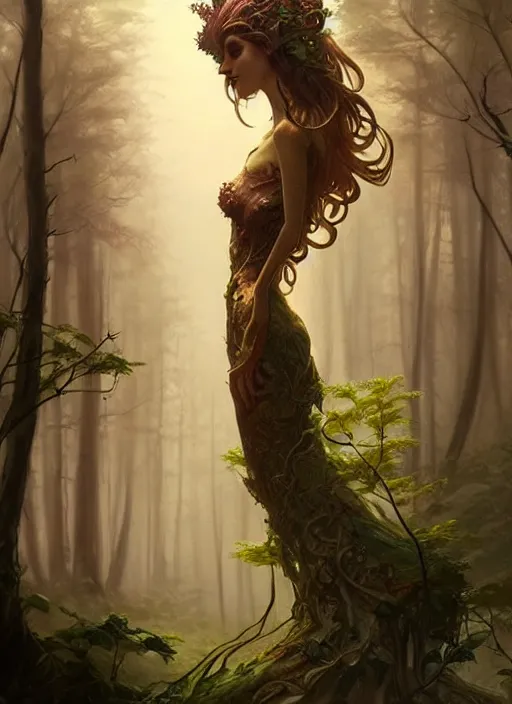 Image similar to a cute forest elemental, with fingers, fantasy, intricate, elegant, highly detailed, digital painting, artstation, concept art, wallpaper, smooth, sharp focus, illustration, art by artgerm and greg rutkowski and alphonse mucha