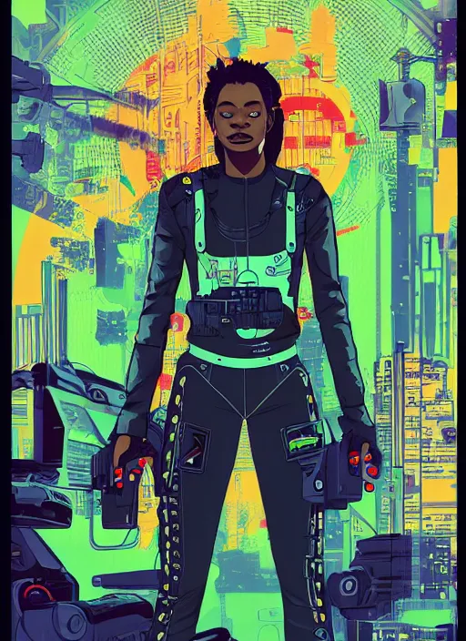 Prompt: maria igwe. cyberpunk hacker in tactical jumpsuit. portrait illustration, pop art, splash painting, art by geof darrow, ashley wood, alphonse mucha, makoto shinkai