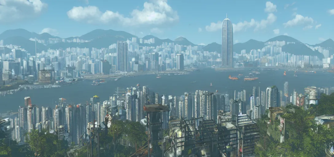 Image similar to Photo of Hong Kong Skyline in Fallout 4 Style, 8K, daytime, high quality