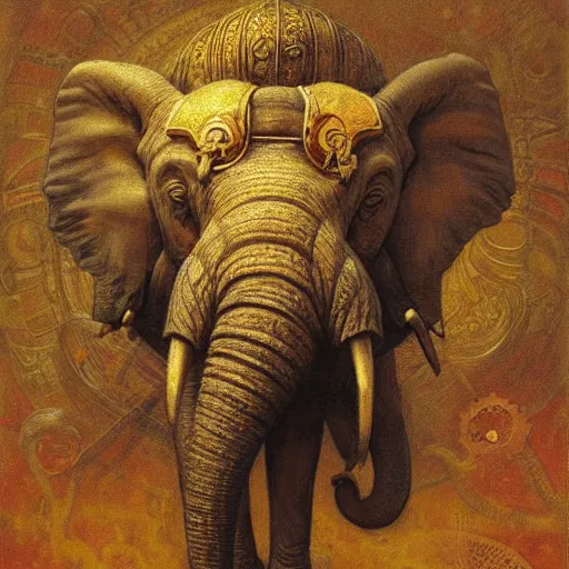 Image similar to srilankan elephant with high - teh steampunk head armour baroque style, painting by gaston bussiere, craig mullins, j. c. leyendecker, lights, art by ernst haeckel, john william godward, hammershøi,