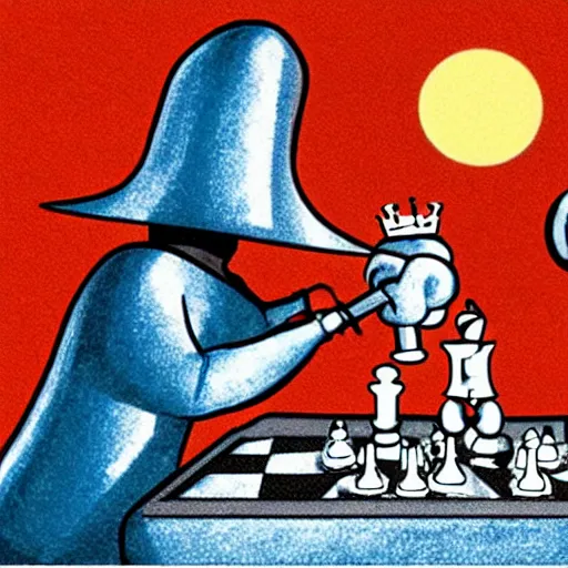 Image similar to cartoon image of a giant in a tinfoil hat playing chess with aliens