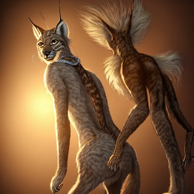 Image similar to the full body of anthropomorphic lynx fursona from behind wearing a steampunk suit as unimaginably beautiful, gorgeous, elegant, young woman with lynx head, an ultrafine hyperdetailed illustration by furaffinity, intricate linework, white fur, unreal engine 5 highly rendered, global illumination, radiant light, detailed and intricate environment, no feral, no taur