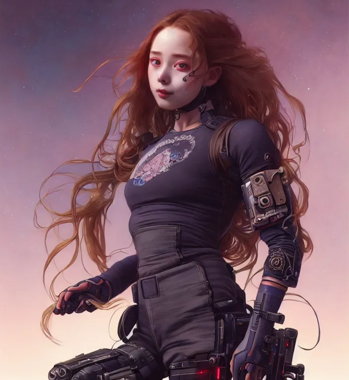 Image similar to full body painting of chuu loona cyberpunk mercenary smiling and jumping, perfect face, ultra realistic, concept art, intricate details, eerie, highly detailed, photorealistic, octane render, 8 k, unreal engine. art by artgerm and greg rutkowski and magali villeneuve and alphonse mucha