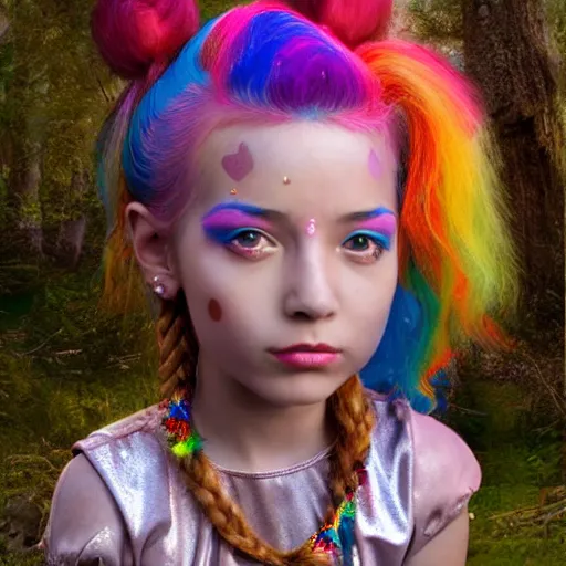 Prompt: a 3 d realistic image of a mythological young girl with rainbow hair looks at the camera, she has sparkles and stickers on her face painting by mark ryden 3 d 8 k ultra detailed