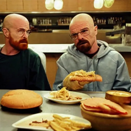 Image similar to walter white and jesse pinkman eating hamburger