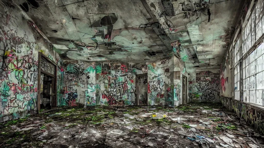 Image similar to abandoned overgrown interior, graffiti covered walls, peeling paint, volumetric lighting, creepy, highly detailed