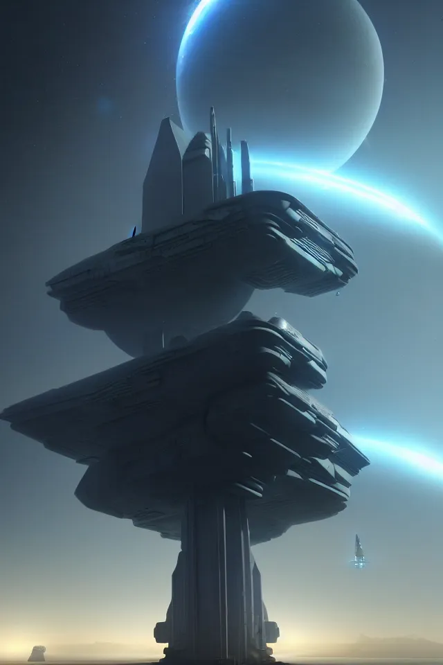 Prompt: cinematic scifi render of a 3 d sculpt of a gigantic huge cyberpunk john harris aircraft carrier megalithic tower structure city, beeple, halo, star wars, ilm, star citizen, halo, mass effect, high tech industrial, artstation unreal, dramatic powerful sky, center composition