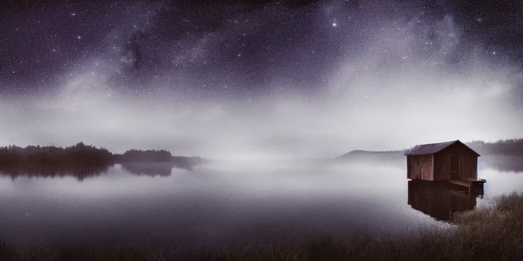 Prompt: a dark and moody lake with an island in the middle and a small hut with a soft glow coming from the windows, low fog, stars, midnight, fantasy, surreal, high detail