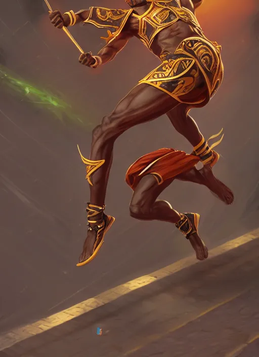 Image similar to a highly detailed illustration of attractive young african fire god with flat top hair, wearing track and field suit, heroic jumping pose, intricate, elegant, highly detailed, centered, digital painting, artstation, concept art, smooth, sharp focus, league of legends concept art, wlop