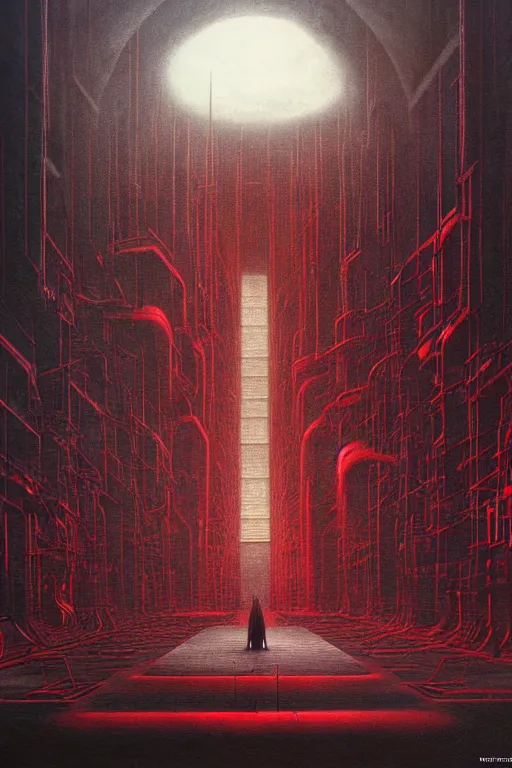 Image similar to dark master constructing infinite factories, red and black science fiction scenario, giger, beksinski, digital art render