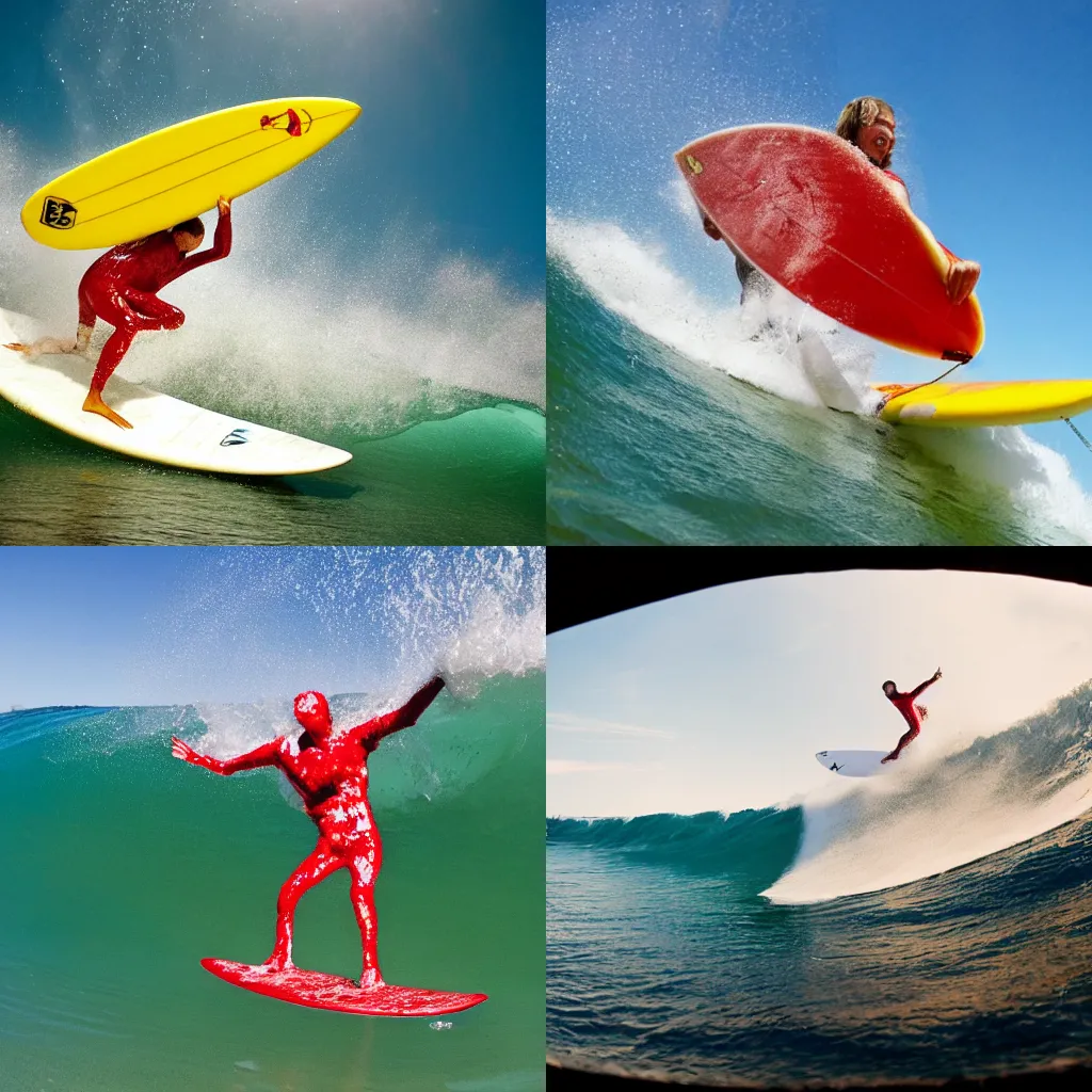 Prompt: a surfer surfing on a large wave of ketchup, through a sea made of ketchup, on a sunny day, 8 k, wide angle photography