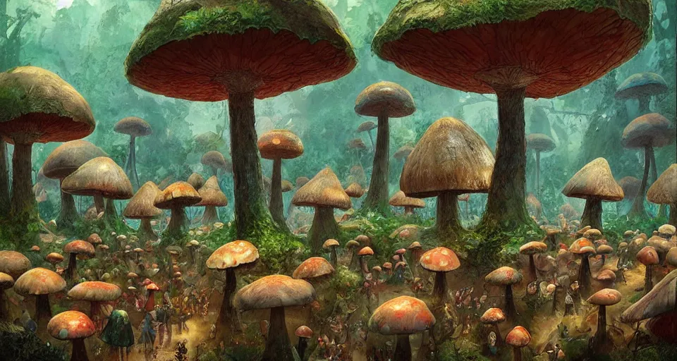 Image similar to A tribal village in a forest of giant mushrooms, by Marc Simonetti