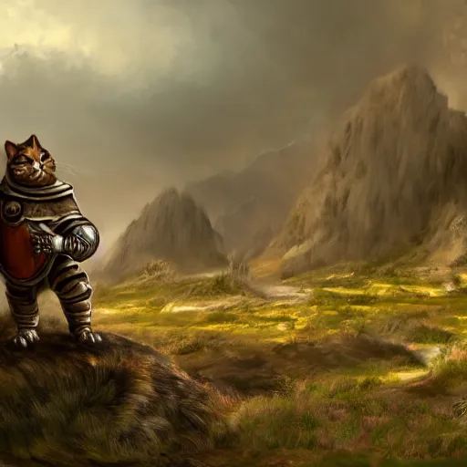 Prompt: a cat wearing a knight armor and posing infront a beautiful landscape. artstation. high details. 4 k.