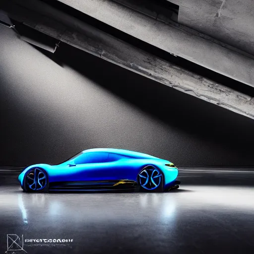 Image similar to concept porsche car with iridescent paint and wings at the sides, full shot, octane, cinematic, highly detailed, reflective marble floor, studio light, photograph by Rémi Dargegen