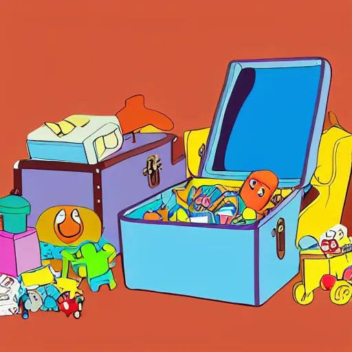 Image similar to a painted cartoonish scene, an open suitcase sits on a table, the open suitcase contains a vast pile of toys, the pile of toys rises all the way to the ceiling, the pile of toys blocks the background, a woman stands next to the table and suitcase, the woman holds more toys