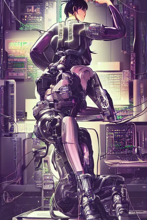 Prompt: hypedetailed cyberpunk illustration of motoko kusanagi seated on her knees in a tech lab, with wires and cables coming out of her head and back, by masamune shirow and katsuhiro otomo, colorful, complex, back view