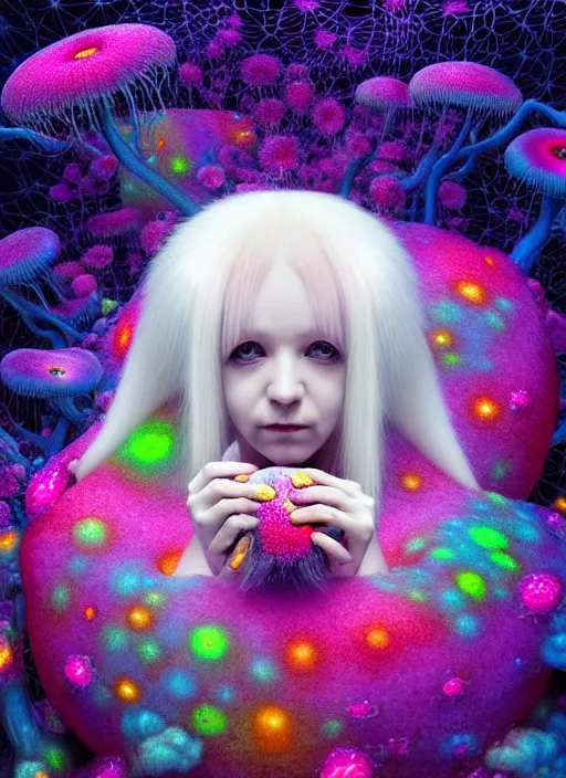 Image similar to hyper detailed 3d render like a Oil painting - kawaii portrait Aurora (white haired Singer Ferret) seen Eating of the Strangling network of yellowcake aerochrome and milky Fruit and Her delicate Hands hold of gossamer polyp blossoms bring iridescent fungal flowers whose spores black the foolish stars by Jacek Yerka, Mariusz Lewandowski, Houdini algorithmic generative render, Abstract brush strokes, Masterpiece, Edward Hopper and James Gilleard, Zdzislaw Beksinski, Mark Ryden, Wolfgang Lettl, hints of Yayoi Kasuma, octane render, 8k